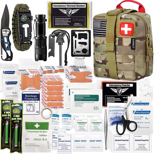 250 Pieces Survival First Aid Kit Survival Kit Outdoor Gear Emergency Kits Trauma Bag for Camping Boat Hunting Hiking Home Car Earthquake and Adventures