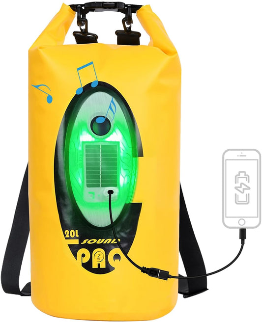 Dry Bag Waterproof with Solar Bluetooth Speaker & Light - 20L Roll Top Dry Sack Keeps Gear Dry for Men Women Kayaking, Beach, Rafting, Boating, Hiking, Camping and Fishing